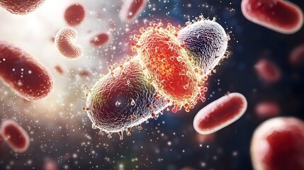 Poster - Captivating Microscopic Visualization of Vibrant Bacterial Interactions with Floating Red Cells in Dynamic Biological Environment
