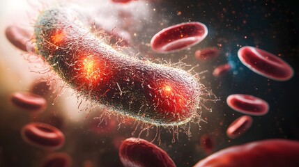 Poster - Close up rendering of a microscopic ecosystem where glowing colorful bacteria interact with gently drifting red blood cells  The bacterial surfaces are covered in fine details