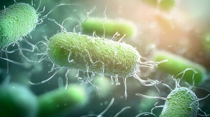 Aufkleber - Highly detailed 3D rendering of rod shaped bacteria floating in a green tinted fluid featuring their delicate surface filaments and organic forms