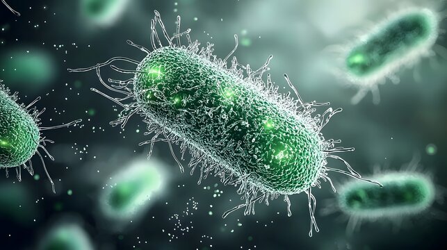 Highly detailed 3D rendering of rod shaped bacteria floating in a green tinted fluid featuring their intricate organic structures and delicate surface filaments