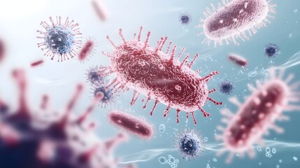 Poster - 3D visualization showcasing the unique shapes sizes and structural details of various bacteria and viruses floating in a fluid environment illuminated with soft