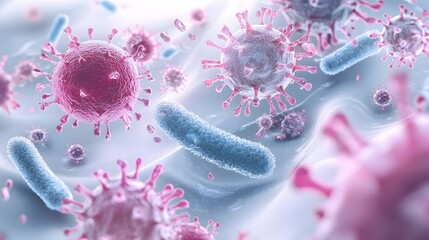 Poster - Ultra detailed scientific rendering of multiple bacterial and viral species depicting their contrasting morphologies in a microscopic environment  The scene features rod shaped spherical