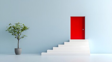 Poster - Minimalist 3D staircase design with clean white steps leading upward a bold red step highlighting progress and success ideal for business growth and achievement concepts