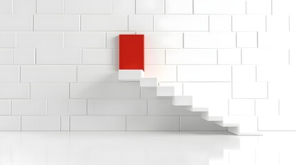 Poster - Minimalist 3D Abstract Staircase with White Steps Leading Upward a Single Bold Red Step Symbolizing Progress Innovation and Achievement in a Modern Conceptual Design