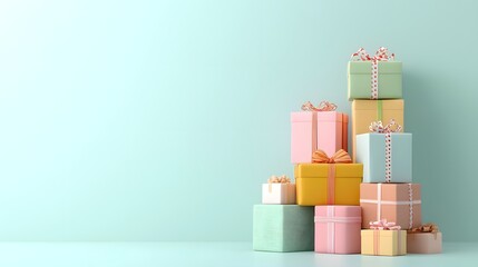 Poster - Beautifully arranged stack of elegantly wrapped gift boxes in soft pastel colors placed on a minimalist background and illuminated by gentle studio lighting for a luxurious high end presentation