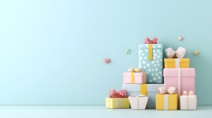 Poster - Charming stack of festive gift boxes with fine textures and ribbons placed in a pastel colored environment captured with a high end photography inspired 3D render