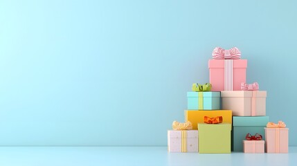 Poster - Charming stack of festive gift boxes with fine textures and ribbons placed in a pastel colored environment captured with a high end photography inspired 3D render