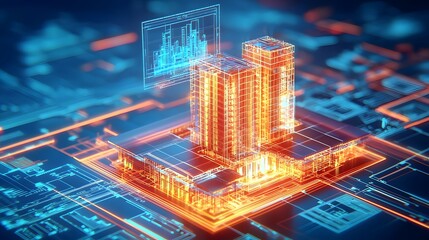 Fototapete - Futuristic Digital Construction Site with Advanced 3D Building Information Modeling System and Holographic Blueprints Floating Above the Structure Showcasing High Tech Architectural Visualization