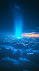 Poster - A stunning view of a starry night sky with glowing blue light shining through the clouds, symbolizing cosmic beauty, mystery, and the vastness of the universe.