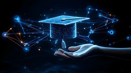 Poster - Cyber enhanced Academic Future with Radiant Digital Graduation Cap Hovering Above Hand Amid Luminous Technology Inspired Data Pathways Forming a Connected Learning Network
