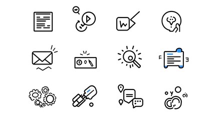 Poster - This set of simple and elegant line icons showcases the key elements of online webinars  business networking  interactive discussions  and e learning tools