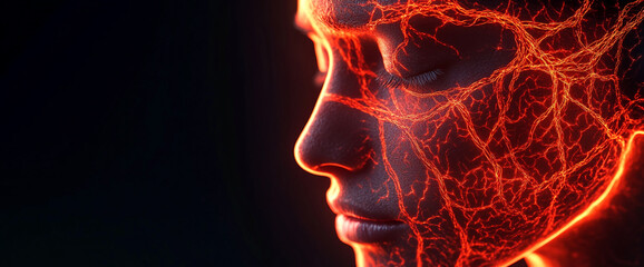 Poster - Close-up of a human face with glowing red neural pathways, symbolizing the fusion of biology and technology, representing the concept of artificial intelligence and digital evolution.