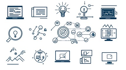 Poster - Sleek monochrome line icons and symbols depicting a futuristic webinar environment including elements for real time discussions virtual teamwork knowledge sharing and digital classrooms