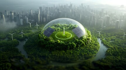 Poster - A high tech sustainable Earth glowing in green embedded with floating solar panels and windmills generating clean energy a futuristic power plug wrapped in nature s vines