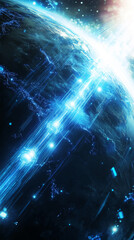 Poster - A futuristic digital representation of Earth with blue light trails emanating from its surface, symbolizing technology, digital connections, and the concept of a connected world.