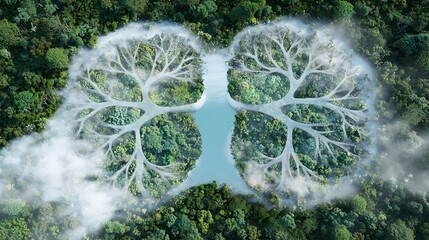 Poster - Breathtaking aerial view of a pristine untouched rainforest landscape featuring a stunning lung shaped lake at its heart surrounded by deep green canopies and birds soaring above