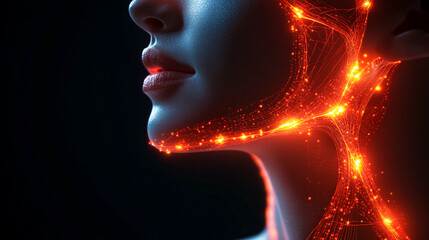 Poster - Close-up of a futuristic human profile with glowing red neural connections, symbolizing technology, digital evolution, and the merging of humanity with advanced digital systems.