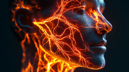 Poster - Close-up of a futuristic face with glowing orange neural connections, symbolizing digital innovation, human-machine interface, and technological advancement.