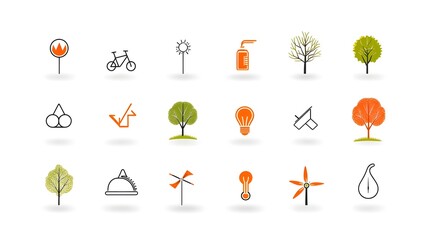 Poster - A modern and minimalistic set of 15 eco friendly city icons  featuring clean line art symbols representing carbon neutrality  zero waste  sustainable transportation  renewable energy