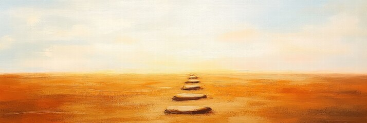 Aufkleber - Path of stones leading towards a warm sunset across a vast landscape. Generative AI