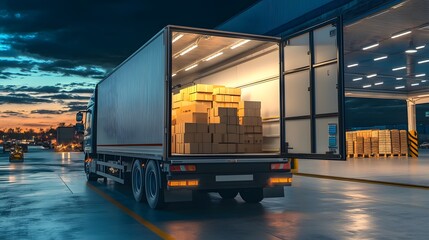 Aufkleber - Commercial transport truck with its loading bay open displaying a structured arrangement of packages inside reflecting fast and efficient delivery in the logistics industry