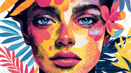 Poster - Colorful abstract portrait of a person with exaggerated features, surrounded by bold floral designs