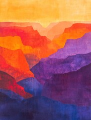 Poster - Vibrant sunset over layered canyon formations creates stunning landscape view in warm, bold colors. Generative AI