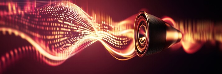 Fototapete - 3D speakers illuminating sound waves with vibrant colors in a modern music studio setting. Generative AI