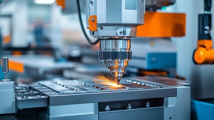 Poster - CNC Milling Machine Cutting Aluminum, Sparks Fly in Precision Engineering Close-up View
