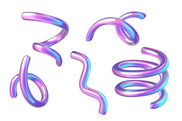 3d Spiral curves and springs abstract iridescent holographic vector elements set. Purple and blue metallic gradient realistic serpentine and swirl lines and stripes collection. 