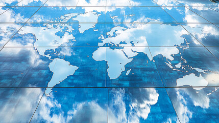 Poster - The world map reflected in glass tiles, showcasing continents in the blue hues of the sky and clouds, symbolizing global connections and modern design in architecture.