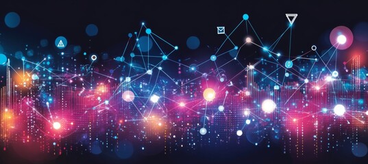 Poster - Futuristic Data Visualization, Financial Data Lines, Bright Pink, Light Blue, White, Dark Background