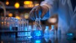 © NCSF - Scientist Handling Glowing Blue Liquid in Laboratory, Scientist in a lab coat handling a glowing blue liquid in a flask, surrounded by test tubes