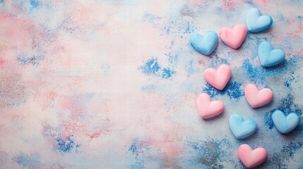 Poster - Colorful hearts arranged creatively on a pastel background for a festive celebration or decoration. Generative AI