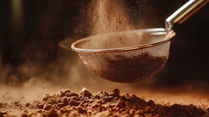 Poster - Sifting fine cocoa powder through a kitchen strainer under warm, soft lighting in a cozy baking environment. Generative AI