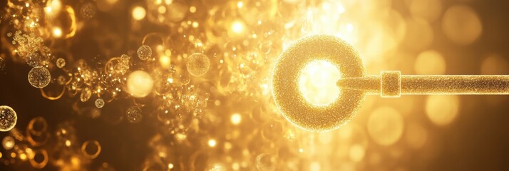 Poster - Bright golden key sparkling in the light surrounded by glowing particles at an enchanting event. Generative AI