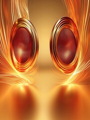 Fototapete - 3D speakers emitting vibrant light waves creating a dynamic atmosphere in a modern setting. Generative AI