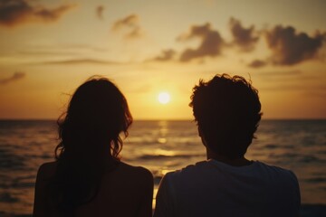 Wall Mural - couple waking sunset beach photography.