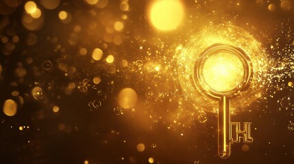 Poster - Golden abstract design with sparkling lights and a circular pattern emanating brightness in a dark background. Generative AI