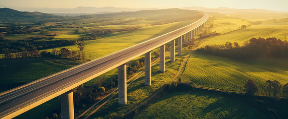Poster - Aerial view of a long elevated highway bridge crossing over green fields, symbolizing infrastructure, development, and modern transportation in rural landscapes.