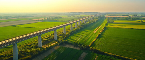 Poster - Aerial view of a modern elevated railway bridge crossing over lush green fields, representing infrastructure, transportation, and development in rural landscapes.