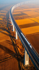 Poster - An aerial view of a high-speed train crossing a curved viaduct, showcasing modern transportation infrastructure amidst a rural landscape, symbolizing progress and connectivity.