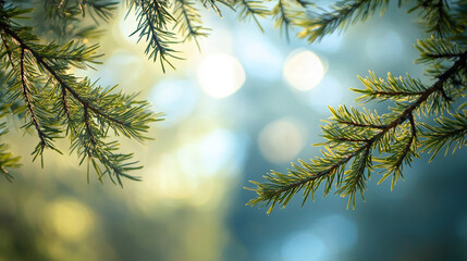 Poster - Close-up of pine tree branches with soft bokeh background, symbolizing the beauty of nature and the freshness of the outdoors. Represents tranquility, greenery, and peaceful environments.