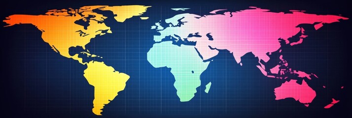 Poster - Colorful World Map With Grid Texture For Global Business, Communications, And Technology