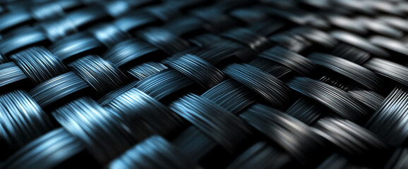 Poster - Close-up of a woven black carbon fiber texture with shiny reflective fibers, representing advanced materials and modern engineering concepts like strength, technology, and durability.