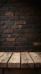Aufkleber - Old wooden table with brick background dark