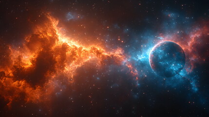 Wall Mural - Abstract space background with shiny blue planet and fire and light on the side, cosmic nebula with bright stars and glow in universe