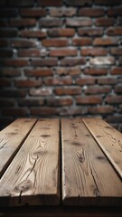 Aufkleber - Old wooden table with brick background dark