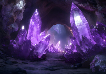 Wall Mural - amethyst crystal cave, purple light, photorealistic, ultra realistic, cinematic
