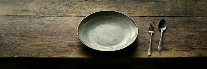 Poster - Rustic tabletop setting with a simple dish and cutlery ready for a meal at a cozy dining space. Generative AI